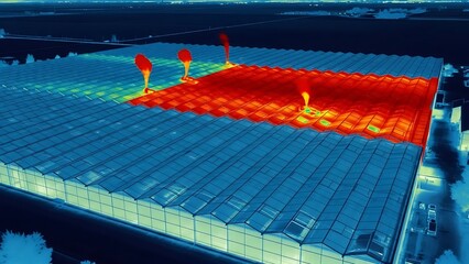 Aerial thermal imaging of a large greenhouse complex revealing heat loss and energy efficiency variations