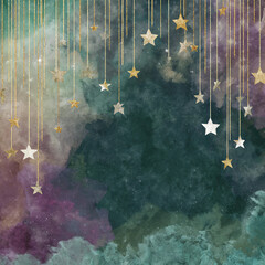 watercolor painting with a dark green and purple background, featuring gold stars hanging from the top. a whimsical illustration with a dreamy atmosphere.