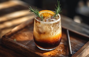 Refreshing iced cocktail with layered colors garnished with fresh rosemary and an orange slice served on a wooden tray with a straw