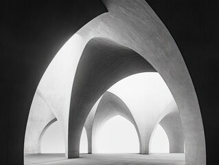 Interior view of modern architectural space with smooth, curved arches and high ceilings bathed in soft, diffused light creating a serene atmosphere