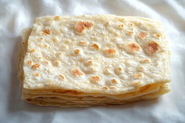 stack of warm homemade flatbreads with golden spots on soft white cloth, simple comforting kitchen scene