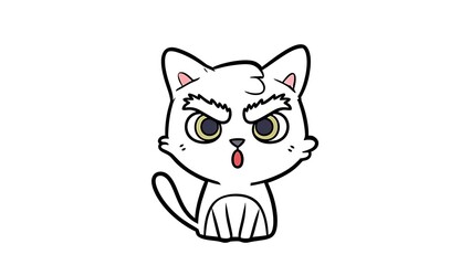 A cartoon cat with an angry expression is sitting on a white background with its tail curled up.