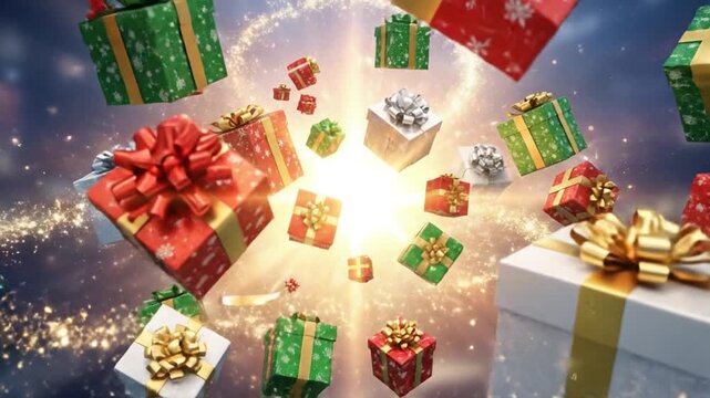 Dynamic shower of wrapped gifts with sparkling magic