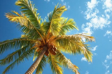 Fototapeta premium sunlit coconut palm tree with clusters of coconuts and green fronds against a bright blue sky, warm tropical serenity