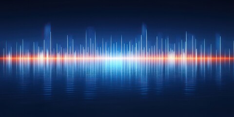 Fototapeta premium Abstract digital sound wave visualization glowing with vertical bars in blue and orange hues over a reflective dark water surface