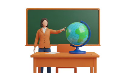 Teacher points to globe in classroom