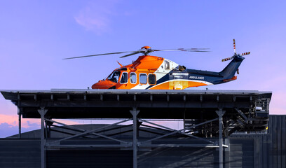 First responder helicopter ambulance for emergency cases on the heli pad on the hospital roof.