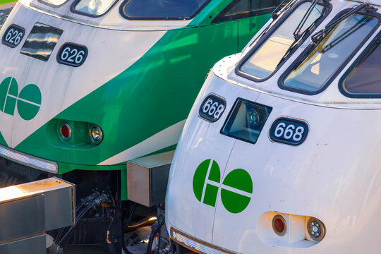 Toronto, Ontario, Canada-June 2, 2025: Toronto Go Train arriving at a platform at Union station terminal