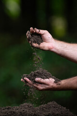 Hands holding soil. Farmers hands full of soil. Hands pouring soil and Hands testing ground. Hand examining earth and compost. Ground fertility. © Svitlana