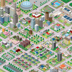 街並みの立体図. 都市の景観. アイソメ図で描いた都市.