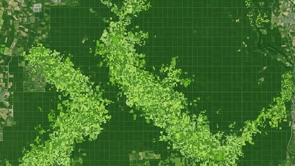 High-resolution digital mapping showcasing intricate green natural landscapes and agricultural fields, overlaid with a grid for precise geographical analysis and environmental monitoring
