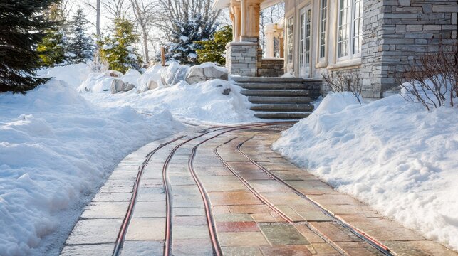 Medium shot of hydronic heated pathway with visible tubing beneath stone tiles effectively clearing ice and snow