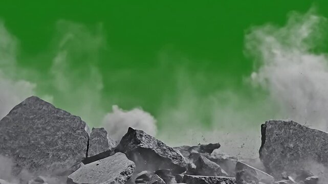 Shattering Dark Stone Wall Demolition Reveal Green Screen
