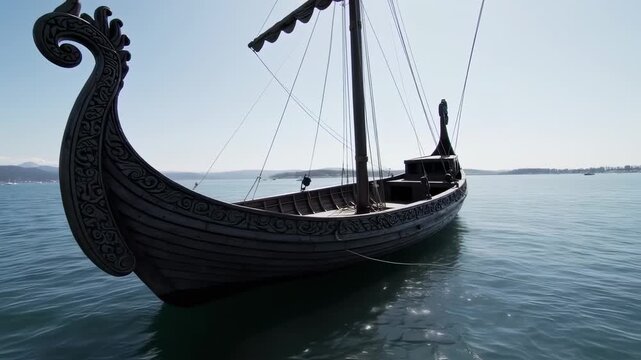 Ornate wooden Viking longship on calm water