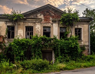 Decayed, weathered facade; brickwork building overtaken by vibrant climbing plants under a cloudy, dramatic sky