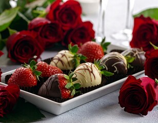 Red roses in a box of chocolate candies