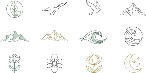 Set of vector nature icons featuring floral designs and leaf patterns with black silhouette illustrations of trees, birds, and butterflies for tribal tattoo art and spring decoration elements