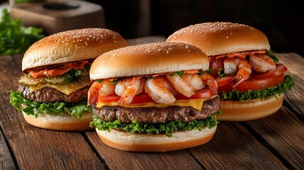 Delicious gourmet burgers with fresh shrimp, crisp lettuce, and ripe tomatoes, creating a mouthwatering visual treat perfect for food lovers and culinary enthusiasts alike.