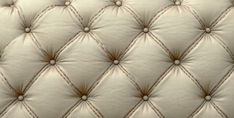 Naklejka premium Close-up of cream leather button-tufted upholstery with diamond stitching, padded folds and buttons, evoking luxurious cozy elegance