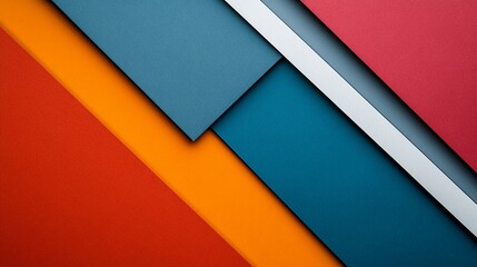 Geometric abstract design with bold diagonal layers of orange, yellow, teal blue, silver, and deep red creating a modern, minimalist material design composition