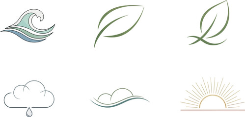 Set of vector nature icons featuring green leaf, flower, and tree silhouettes as floral design elements for a natural summer illustration or logo concept