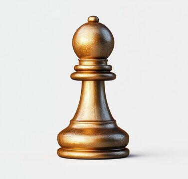 solitary metallic gold chess pawn on clean white background with soft shadow, elegant calm minimalist composition