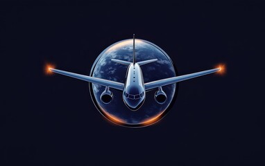 sleek jet airliner front view flying toward viewer against a glowing earth globe at night with illuminated wingtips, dramatic lighting conveying power, exploration and global travel