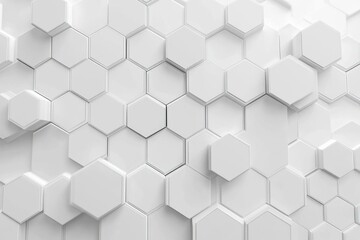 white 3d hexagonal tile wall with staggered raised panels and soft shadows conveying a calm minimalist futuristic geometric order