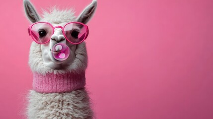 fluffy white alpaca wearing pink glasses and a knitted neck warmer blowing a bubble of gum with a playful, quirky expression against a bright pink background