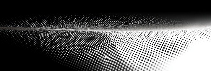 Abstract digital wave composed of evenly spaced dots forming a flowing, three-dimensional surface in black and white