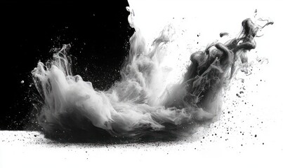 Dynamic black and white powder explosion contrasting against black and white backgrounds creating fluid cloud shapes and particle dispersal