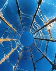 looking up through a sparkling hexagonal ice lattice against a clear blue sky, serene cold crystalline tunnel of frost and light