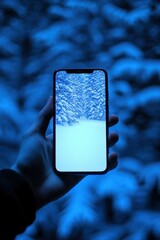hand holding smartphone displaying a snow-covered forest and path in soft blue light, evoking calm and wonder