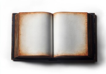 open antique leather bound book with blank aged pages and browned edges on white background conveying nostalgia and quiet mystery