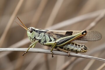 Fototapeta premium Green Grasshopper on Dry Grass Close-Up Macro Nature Wildlife Photography