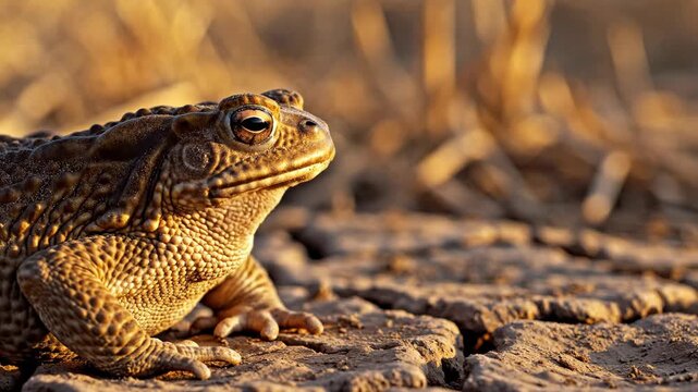 Macro close-up of large toad in dry mud, symbolizing frog invasion. Dry cracked earth background emphasizes scale of frog invasion, evoking biblical plagues concept.