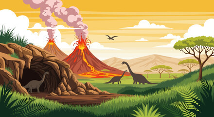Prehistoric landscape with dinosaurs, volcanoes erupting, and lush vegetation under a dramatic sky.