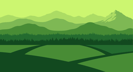Vector illustration of a green landscape with rolling hills, mountains, and distant forests under a clear sky.