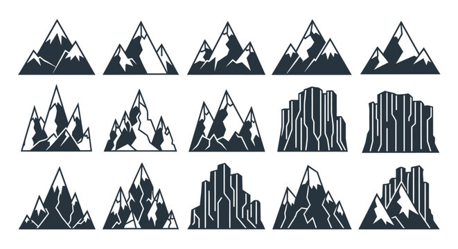 Set of various stylized mountain silhouettes and cliff icons in a minimalist graphic style.