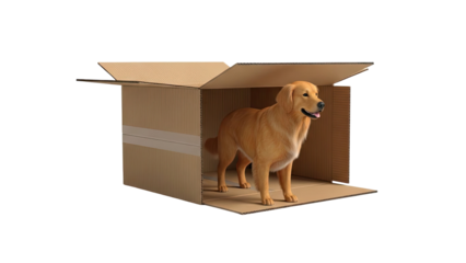 Golden Retriever dog inside an open cardboard box