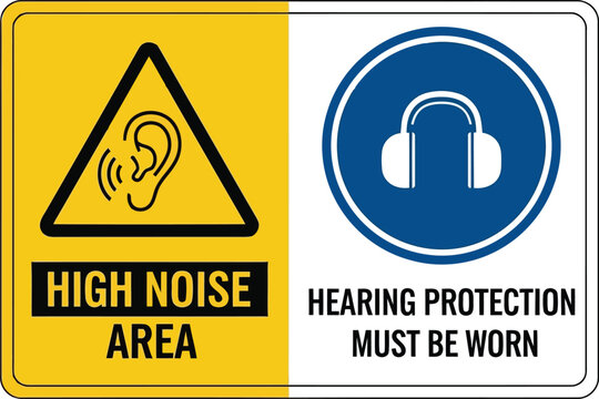 Warning high noise area sign hearing protection must be worn safety symbol workplace industrial vector