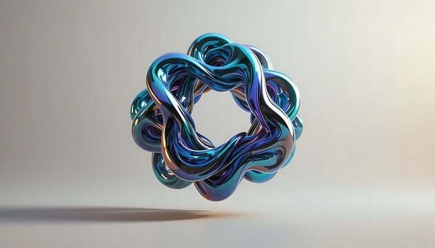 3D abstract torus sculpture with a metallic iridescent finish in blue and teal. Floating geometric object for futuristic technology, modern digital art, and creative design projects.