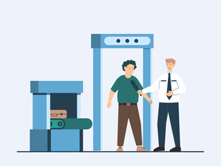 A security officer is using a handheld metal detector wand to check a passenger. Commuter illustration. Flat vector concept.