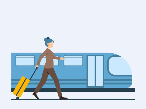Busy woman walking on a train station with luggage. Commuter illustration. Flat vector concept.