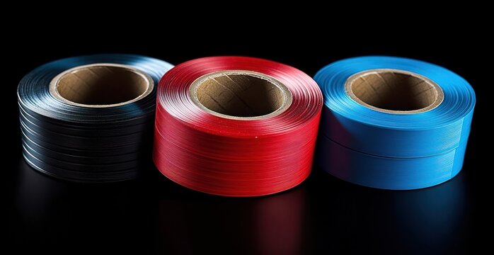 Three rolls of colored plastic strapping tape in black, red, and blue against a black background, arranged side by side with circular cardboard centers visible