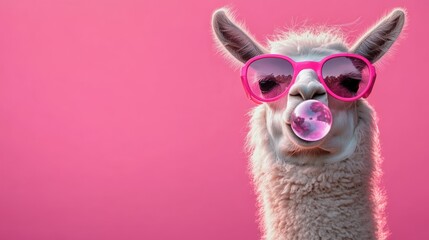 Obraz premium Playful fluffy alpaca wearing pink sunglasses blowing a bubble of gum against a bright pink background
