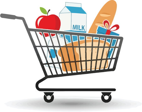 A red chrome metal shopping cart trolley full of grocery supermarket market fruits and vegetables for retail business purchase in a 3d store e-commerce shop