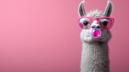 Obraz premium fluffy white alpaca wearing pink sunglasses blowing a pink bubble gum bubble against a pastel pink background, playful and cheeky portrait