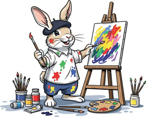 A cute cartoon rabbit artist holding a palette and brushes creates a funny Easter illustration with colorful eggs and spring art design