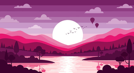 Colorful sunset landscape with mountains, trees, river, and hot air balloons in a stylized illustration.